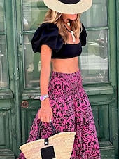cheap Graphic Skirts-Women&#039;s Skirt Maxi Skirt A Line Swing Bohemia Casual Maxi High Waist Skirts Floral Pocket Print Micro-elastic Street Daily Pink Fuchsia Summer Polyester Cotton Blend