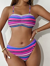 olcso Bikiniszettek-Női Fürdőruha Bikini Három darab Fürdőruha Fringe Hem Hawaii Strandruházat Csíkos U-alakú Rövid ujjú Fürdőruhák