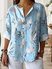 voordelige Bloemen tops-Dames Overhemd Bloemig Grafisch Elegant Casual Lange mouw V-hals Normale tops Dagelijks Feestdagen Afdrukken Rood blauw Zomer Lente