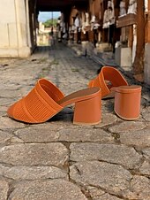 billige Hælte sandaler-oransje strikkede sandaler med blokkhæl for kvinner – trendy teksturerte muldyr med åpen tå for daglig bruk og uformelle dater