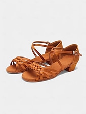 baratos Sapatos de Dança Latina-Sapatos de dança latina femininos bege com detalhe de tira trançada, design de salto baixo para apresentações de dança latina infantil