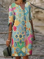 abordables Robes Bohémiennes-Femmes Mini Robe Robe Décontractée Robe fourreau Robe d&#039;été Mode Moderne Quotidien Plage Week-end Coupe régulière Fleuri Manche 3/4 Col en V Aqua bleu bleu marine Bleu Vert Été