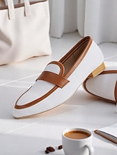 levne Dámské nazouváky a mokasíny-dámské plátěné penny loafers – bílé a hnědé kancelářské byty na nízkém podpatku do práce i na každodenní dojíždění
