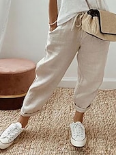 preiswerte Schlichte Hose aus Baumwollleinen-Damen Chinos Einfarbig Mode Streetwear Stylisch Knöchellang Medium Taille Schlicht Tasche Kordelzug Komfort Outdoor Mikrofaser Urlaub Street Alltag Grau Schwarz Weiß Himmelblau Sommer Frühling