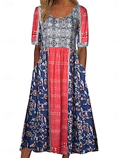 halpa Boho-mekot-Naisten Midimekko A linjainen mekko Fit And Flare Mekko Loma Vapaa-aika Boheemi ulko- Bile Normaali Kukka Kuvitettu Puolihiha Pyöreäkauluksinen Syvä vihreä Laivaston sininen Fuksia Apila Kesä