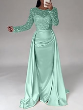 cheap CHAMPAGNE-Mermaid Sequin Evening Gown Ruched Champagne Satin Dress Long Sleeves Masquerade Floor Length Illusion Neck with Pearls Overskirt dress 2025