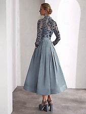 cheap Cocktail Dresses-Blue Green Embroidered A-Line Cocktail Dresses Elegant Formal Wedding Guest Ankle Length Long Sleeve Shirt Collar Satin with Glitter Slit 2025