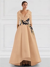preiswerte SCHWARZ-Schwarzes A-Linie Abendkleid Vintage Gesticktes Elegantes Kleid Smokingkleid Formal Bodenlang Langarm V-Ausschnitt Tasche Satin mit Perlenapplikationen