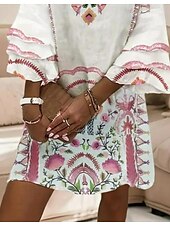 billiga Boho klänningar-Dam Mini klänning Solklänning A linjeklänning Volangkjol Semester Ledigt Boho Dagligen Utekväll Normal Blommig Grafisk Tropisk 3/4 ärm V-hals Vit Sommar Vår