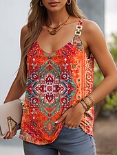 billige Boho tank topp-Dame Camisole Tank Top Grafisk Geometrisk Fritid Ermeløs Med stropper Vanlige topper Daglig Åpen rygg Lapper Trykt mønster Gul Rød Oransje Sommer Vår