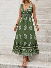 billige Boho-kjoler-Dame Maxikjole Solkjole Kjole med A-linje Fit And Flare Dress Ferie Fritid Bohem utendørs Fest Ut på byen Normal Blomstret Grafisk Ermeløs V-hals Grønn Sommer
