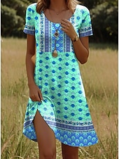 olcso Boho ruhák-Női Mini ruha Kötött ruha hétköznapi ruha Pólóruha Nyári ruha Szabadság Alkalmi Boho Parti Tengerpart Normál Virágos Grafika Rövid ujjú Terített nyak Arcpír rózsaszín Bíbor Narancssárga Lóhere Nyár