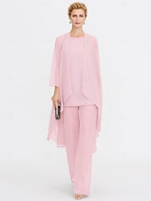 billiga Mammas byxdräkter-Strand Bröllop Jumpsuit/Byxdräkt 3 Delar Mor Till Brud Bröllops Gäst Elegant Plus Size Inkluderat Bateau Hals Golvlängd Chiffon Ärmlös Jacka es med Enfärgade Färger