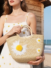 abordables Cabas et fourre-tout-Sac fourre-tout en paille brodé marguerite pour femme - sac fourre-tout de plage d&#039;été avec motif floral, cocotier, citron, style bohème décontracté, adapté aux vacances et à un usage quotidien