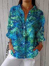 economico Top Floreali-Camicia da donna in lino, camicetta, floreale, grafica, elegante, casual, a maniche lunghe, colletto, normale, top, quotidiano, vacanza, uscite, bottoni, blu cielo, azzurro, viola, verde, estate,