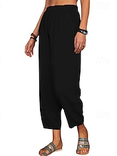 baratos Calça de linho de algodão simples-Mulheres Calças de linho de algodão Calças Roupa de rua Casual Comprimento total Natural Tecido Bolsos Cintura elástica Confortável Para Noite Final de semana Vinho Cinzento Preto Branco Verão Normal