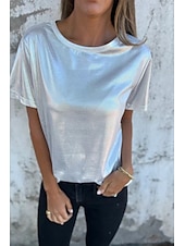 billige Plain t-skjorte-Dame Bluse عادي Moderne Kortermet Crew-hals Vanlige topper Ferie Ut på byen Svart Hvit Navyblå Lilla Gull Sommer