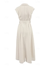 abordables concevoir des robes en coton et lin-Femmes Robe Midi Robe Chemise Robe en coton et lin Moderne Quotidien Sortir Week-end Coupe régulière Uni Sans manches Col de chemise Kaki Été