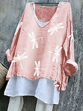 billige Dyr Topp-Dame Bluse Grafisk Dragonfly Stilfull Fritid 3/4 ermer V-hals Vanlige topper Daglig Rosa Blå Lilla Grønn Sommer Vår