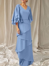economico Lunghezza del pavimento-Abito Due Pezzi A-Line Madre della Sposa Ospite Matrimonio Elegante Inclusa Fascia V Collo Lunghezza del Pavimento Chiffon Manica Mezza Fascia Inclusa con Volant