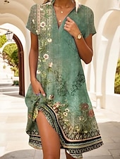 preiswerte Blumenkleid-Damen Minikleid A Linie Kleid Sommerkleid Urlaub Lässig Boho Täglich Normale Passform Blumen Grafik Kurzarm Revers Dunkelbraun Rote Blau Grün Sommer