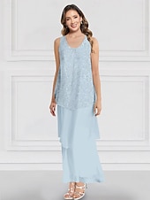 cheap With Jacket-Green Blue Pink Two Piece A-Line Dress Sets Mother of the Bride Dress Elegant Crew Neck Ankle Length Chiffon Long Sleeve Jacket Dresses with Lace Ruffles Tier 2025