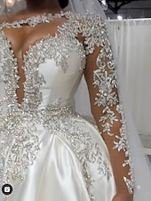 preiswerte Luxuriöse Hochzeitskleider-Formelle Hochzeitskleider Ballkleid ein Schulter reguläre Träger Schleppe Satin Brautkleider mit Perlen Schlitz vorne