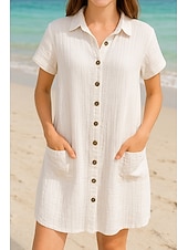 preiswerte Kleider aus Baumwolle und Leinen entwerfen-Damen Minikleid Weißes Kleid Hemdblusenkleid Elegant Basic Modern Urlaub Ferien Strand Normale Passform Einfach Kurzarm Hemdkragen Weiß Sommer