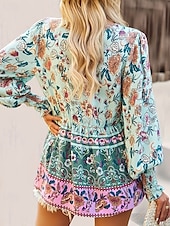 billige Boho topper-Dame Boho skjorte Bluse Blomsternål i krystall Fritid Bohem Langermet V-hals Vanlige topper Ferie Ut på byen Trykt mønster Grønn Sommer