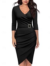 preiswerte Einfaches Kleid-Damen Minikleid Wickelkleid Bodycon Kleid Arbeitskleider Semi Formal Büro Normale Passform Grafisch 3/4 Länge Ärmel V-Ausschnitt Schwarz Weiß Wein Sommer
