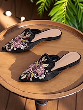abordables Ballerines femme-mules en satin brodées à bout pointu pour femmes – ballerines à enfiler à fleurs vintage pour les rendez-vous décontractés et les promenades en plein air