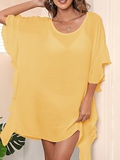 abordables Robes de plage-Maillots de Bain Femme Couverture Robe de Bain Maillot Volants Vacances Plage Tenue Couleur Unie Col Rond Manches Courtes Maillots de Bain