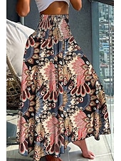 baratos Saias gráficas-Mulheres Saia Bohemia Casual Boho Longo Cintura Média Saias Floral Imprimir Micro-Elástica Férias Rua Azul marinho Amêndoa Vermelho Azul Verão Poliéster