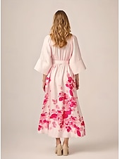 preiswerte Teelänge-A-Linien Mutter der Braut Hemd Kleid Elegantes Einfach Minimalistisch Blumenmuster Tee-Länge Satin 3/4 Länge Ärmel Rosa Kleid mit Gürtel  Band Knöpfen Hochzeitsgast Kleid