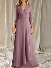 cheap Floor Length-A-Line Mother of the Bride Dress Wedding Guest Elegant V Neck Floor Length Chiffon 3/4 Length Sleeve with Tier Ruching 2025