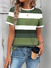 preiswerte Streifen- und geometrisches T-Shirt-Damen T Shirt Druck Grafik Geometrisch Gestreift Vintage Stilvoll Klassisch Kurzarm Rundhalsausschnitt Rundhals Normale Oberteile Täglich Gras-Grün Khaki Sommer Frühling