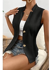 billige Enkel tank topp-Dame linskjorte Bluse Bomull lin vest عادي Fritid Ermeløs V-hals Vanlige topper Daglig Ut på byen Knapper Svart Hvit Champagne Sommer