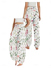 billiga Grafisk linnebyxa i bomull-Dam Linneinspirerade byxor Brett skaft Byxor Etnisk Stil Ledigt Boho Fullängd Hög midja Blommig Ficka Elastisk midja Tryck Mateial som andas Mjuk Microelastisk Utomhus Yoga Vit Ljusgrön Rosa Marinblå