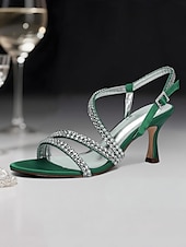 economico cocktail-sandali da donna con cinturino posteriore argentato e dettagli in strass – tacchi a gattino aperti e scintillanti per cocktail serali e ricevimenti nuziali