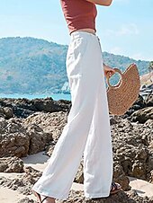cheap Plain Cotton Linen Pant-Women&#039;s Wide Leg Baggy Pants Solid Color Fashion Basic Full Length High Waist Plain Pocket Comfort Outdoor Micro-elastic Vacation Street Daily Deep Green Black White Summer Spring Regular Fit