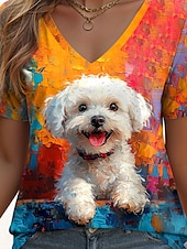 abordables T-shirt Animaux-Femmes T-shirt Graphique Animal Chien ancien Élégant Occasionnel Manche Courte Col en V Hauts Réguliers Quotidien Imprimé Jaune Bleu Orange Bleu clair Été Printemps