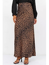 ieftine Fuste grafice-Pentru femei Fustă Casual Maxi Talie Medie Fuste Leopard Imprimeu Micro-elastic Vacanță Stradă Alb Maro Bej Vară Mătase ca satinul