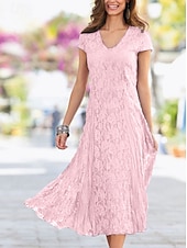 voordelige Thee Lengte-Strandbruiloft Sheath Moeder van de Bruid Jurk Bruiloft Gast Elegant Party Petite V-hals Thee Lengte Kant Korte Mouw met Plissee Effen Kleur gratis maatwerk
