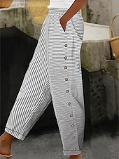 economico Pantaloni in cotone e lino con grafica-Per donna Pantaloni in cotone e lino Essenziale Casual Lunghezza intera Vita Alta A righe Tasca Elastico in vita Stampato Comodo All&#039;aperto Confortevole Streetwear Abbigliamento quotidiano Uscire