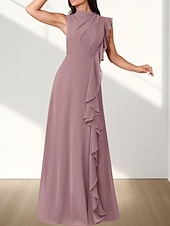 baratos Vestidos para Madrinhas-Vestido de dama de honra em corte A, decote redondo, sem mangas, elegante, longo, chiffon com babados / franzido 2025