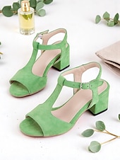 billiga Klacksandaler-gröna chunky klacksandaler för kvinnor – retro t-rem med öppen tå i fuskmocka för sommararbetskläder och avslappnad streetstyle