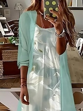 cheap Floral Dress-Women&#039;s Maxi Dress Dress Set Maxi Dress A Line Dress Summer Dress Vacation Boho Floral Layered Print 3/4 Length Sleeve Crew Neck Outdoor Daily Light Green Summer Spring Loose Fit