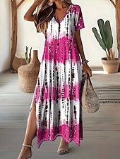 preiswerte Druck Blumen Kleider-Damen Maxikleid Shiftkleid Lässig Täglich Lässiger Schnitt Farbblock Kurzarm V Ausschnitt Rosa Purpur Grau Sommer