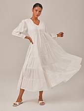 preiswerte Freizeitkleidung-Damen Lockeres Kleid Resort-Kleidung Weiß Langarm Solide / einfarbig Lang Frühling &amp; Herbst V Ausschnitt Strand Design Urlaub XS S M