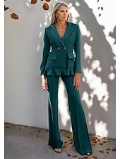 abordables Costumes-pantalons pour maman-Ensemble de pantalon deux pièces mère de la mariée élégant simple minimaliste col en V avec revers longueur totale crêpe manches longues avec volants boutons en métal printemps été 2025